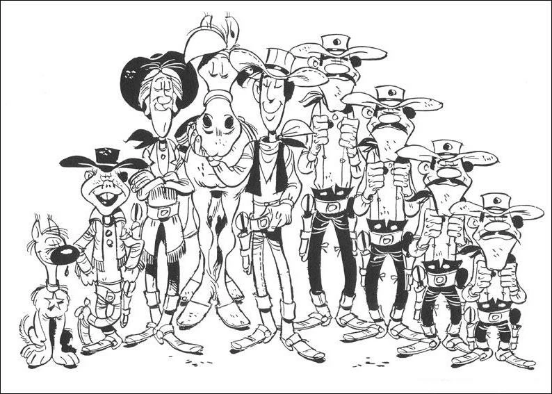 Malvorlage The Daltons in einem Gruppenporträt mit Lucky Luke