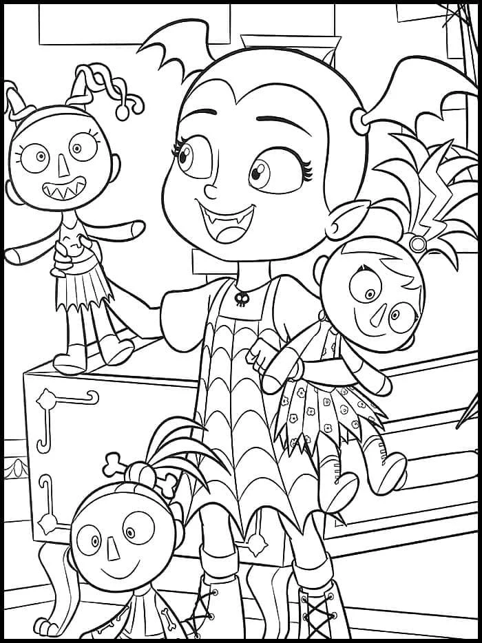 Malvorlage Vampirina umgeben von ihren Stoffpuppen