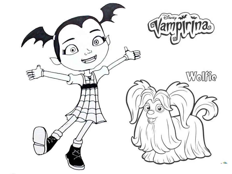 Malvorlage Vampirina springt fröhlich mit Wolfie