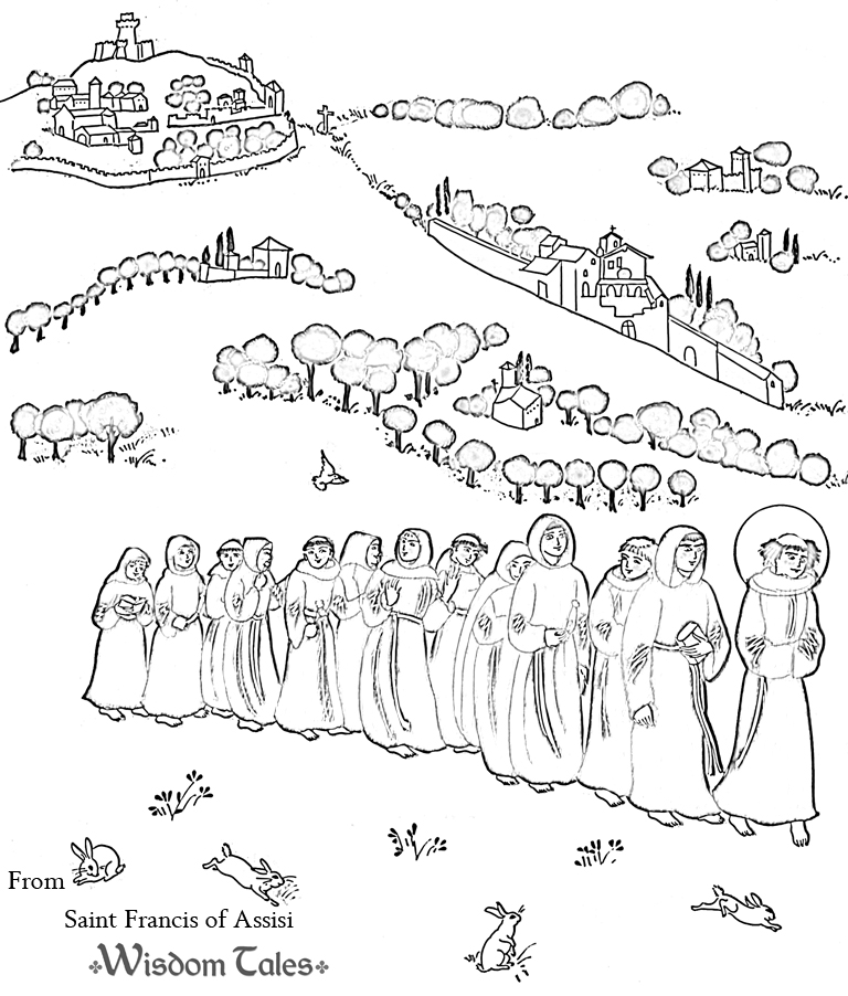 Malvorlage Franz von Assisi führt eine Prozession von Mönchen an