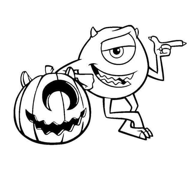 Malvorlage Bob Razowski lehnt an einem Halloween-Kürbis
