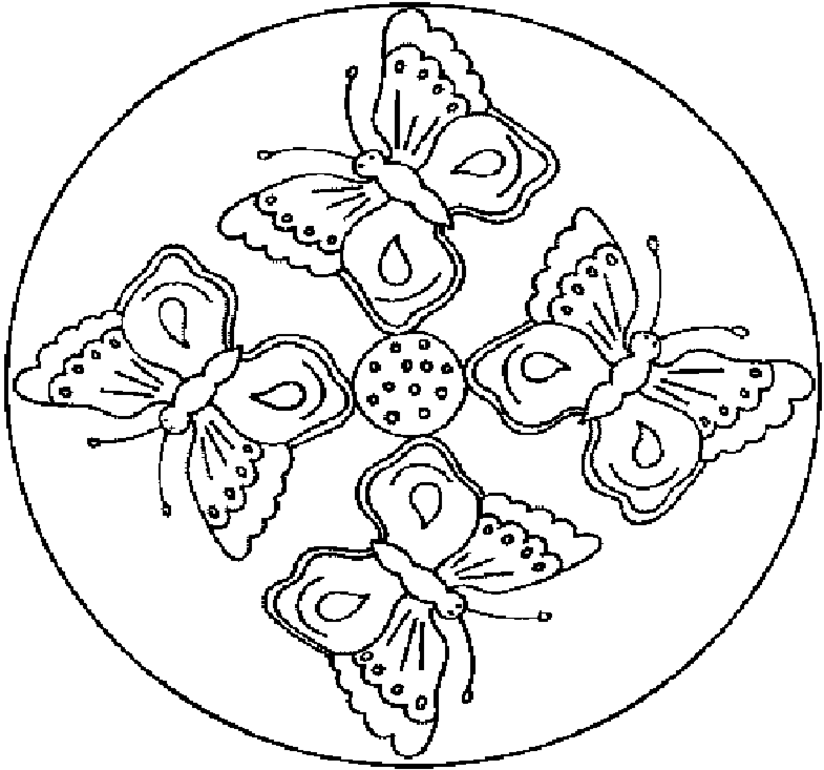 Malvorlage Mandala mit vier Schmetterlingen im Kreis