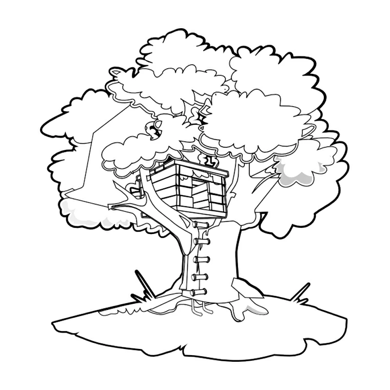 Malvorlage Baum mit einer Hütte zwischen den Ästen