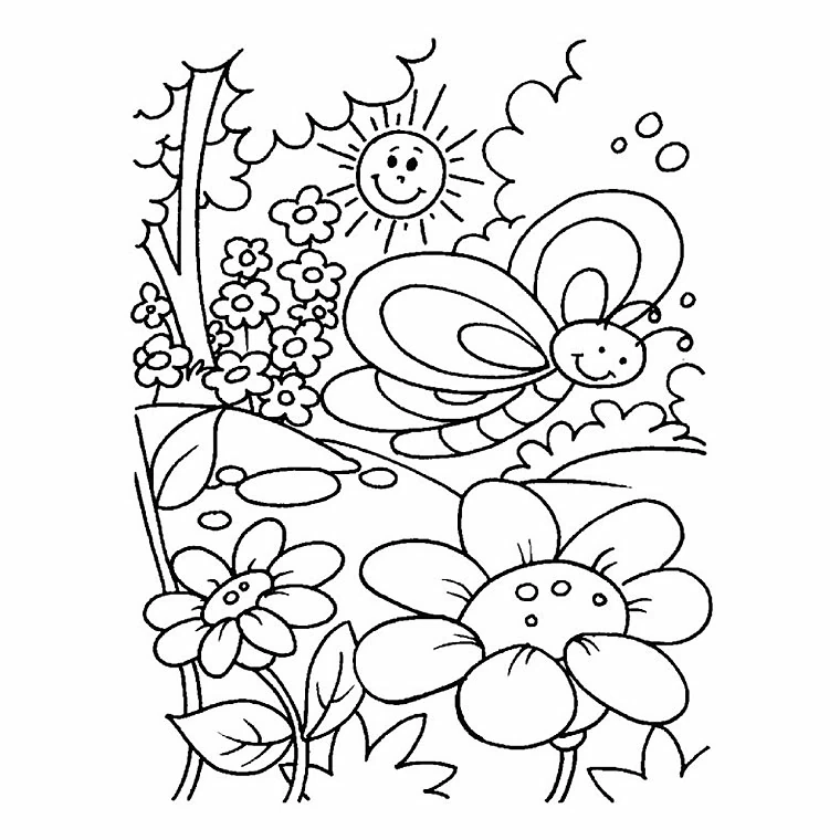 Malvorlage Schmetterling und Blumen unter lächelnder Sonne