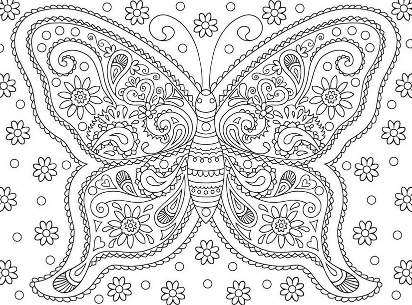 Malvorlage Verzierter Schmetterling mit floralen Mustern