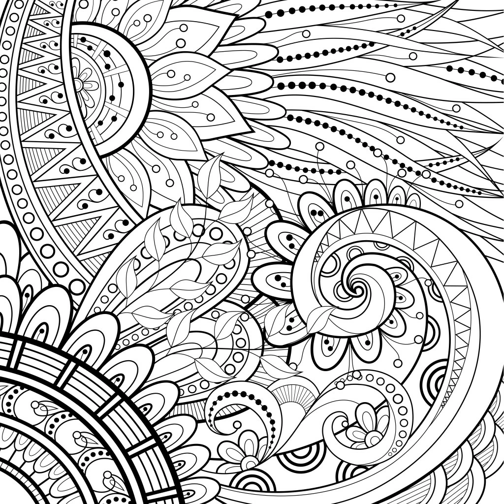 Malvorlage Blumenmandala mit Spiralen und Blättern