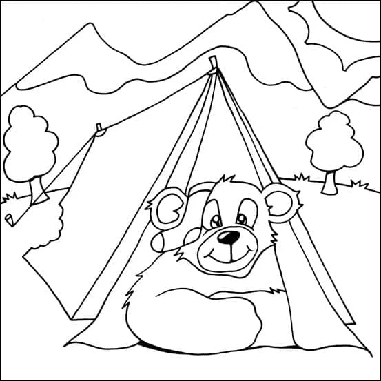 Malvorlage Campingbär im Zelt
