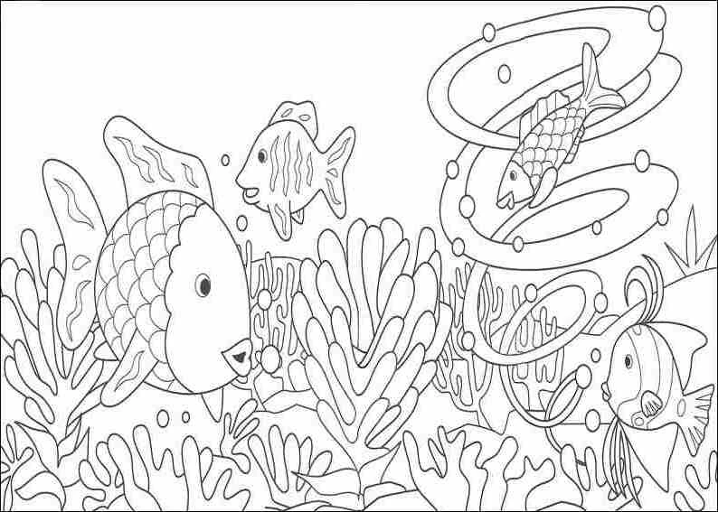 Malvorlage Fische schwimmen um ein Korallenriff