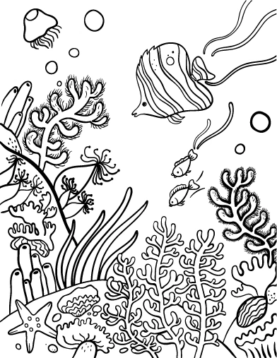 Malvorlage Koralle mit Fischen und Qualle