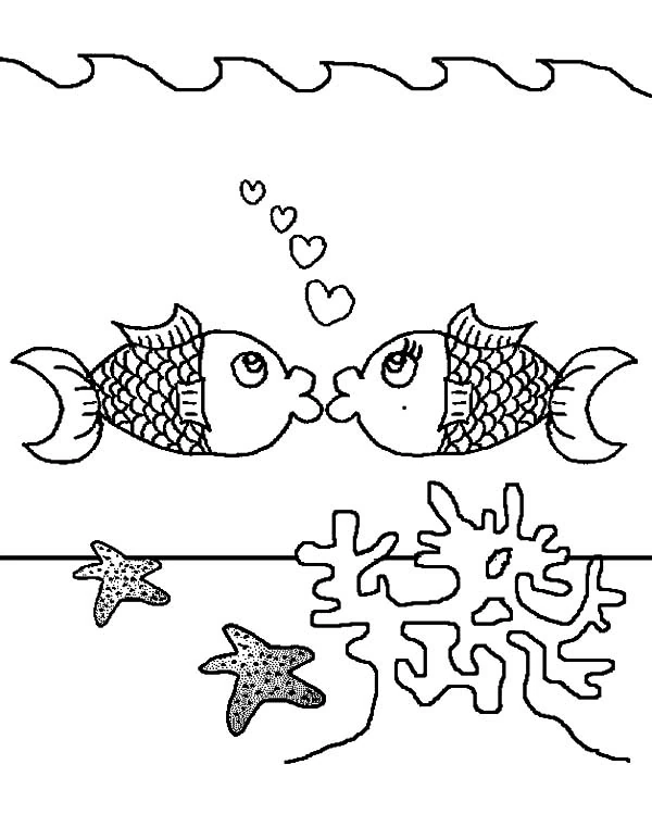 Malvorlage Zwei sich küssende Fische über der Koralle