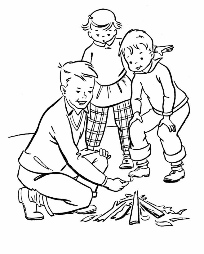 Malvorlage Kinder entzünden ein Lagerfeuer