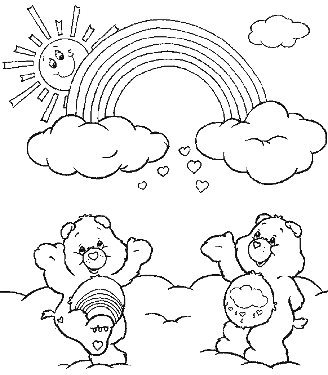 Malvorlage Glücksbärchis unter einem Regenbogen mit Sonne und Wolken