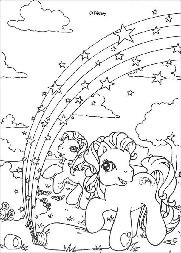 Malvorlage Zwei kleine Ponys unter einem sternenbesetzten Regenbogen