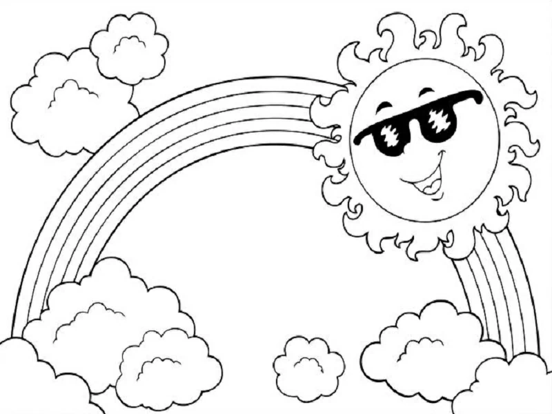 Malvorlage Regenbogen mit lächelnder Sonne mit Sonnenbrille