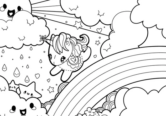 Malvorlage Regenbogen mit einem süßen Einhorn und Wolken Malvorlage Regenbogen mit einem süßen Einhorn und Wolken