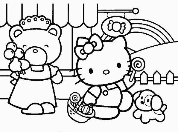 Malvorlage Hello Kitty mit Süßigkeiten und einem Regenbogen