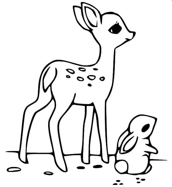 Malvorlage Hirschkuh steht neben einem kleinen Kaninchen