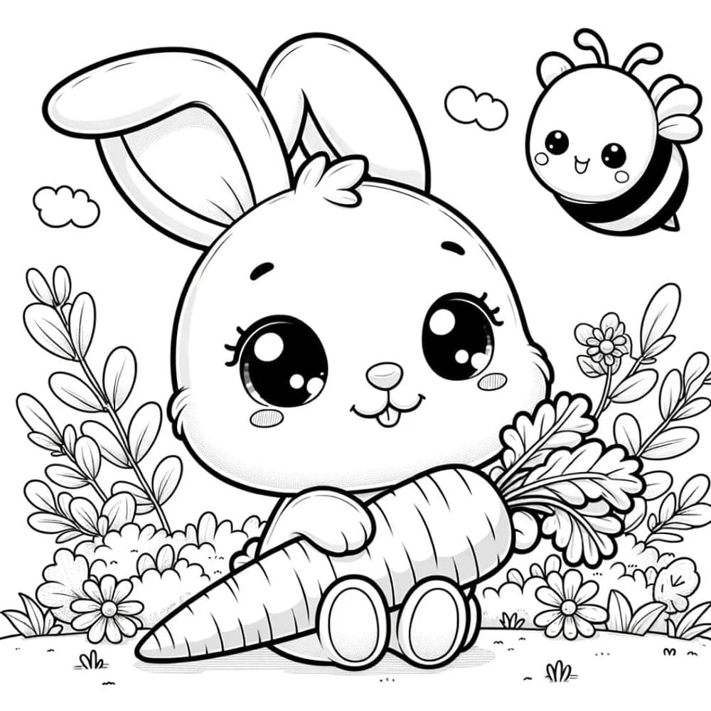 Malvorlage Kawaii Kaninchen hält eine Karotte