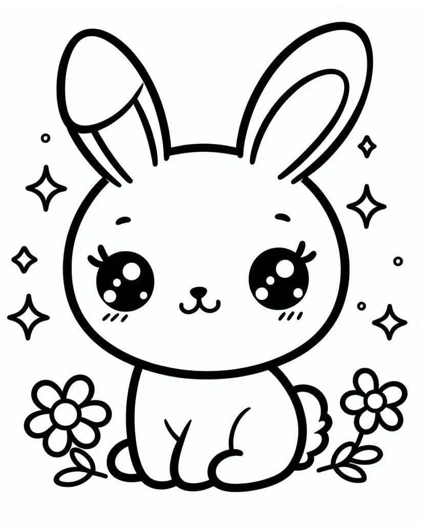 Malvorlage Kawaii Kaninchen sitzt zwischen Blumen