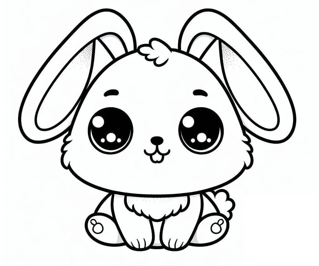 Malvorlage Kawaii Kaninchen sitzt mit großen Augen