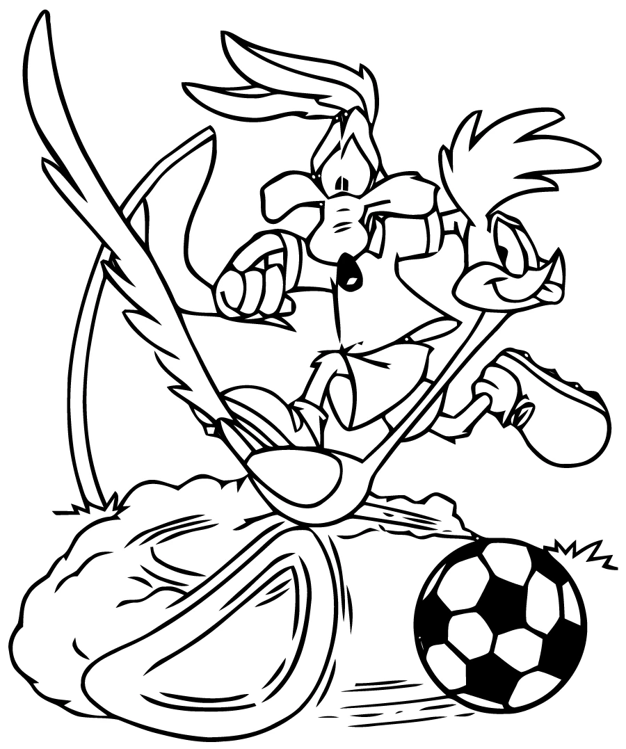 Malvorlage Kojote und Roadrunner beim Fußballspiel