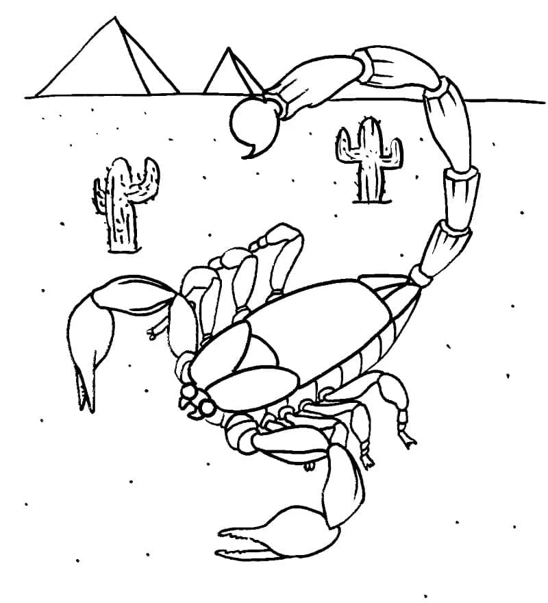 Malvorlage Skorpion in der Wüste mit Pyramiden