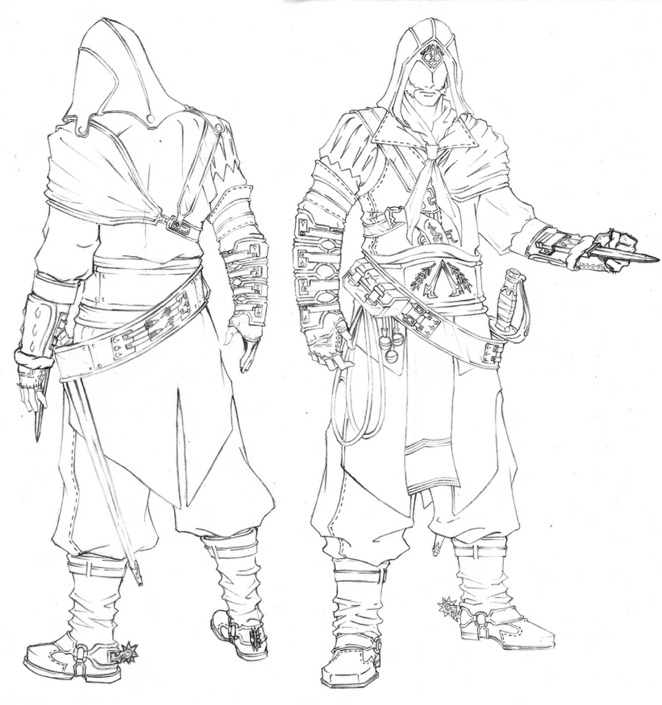 Malvorlage Assassin's-Creed-Figur aus zwei Blickwinkeln