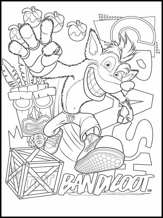 Malvorlage Crash Bandicoot springt mit Früchten und Kisten