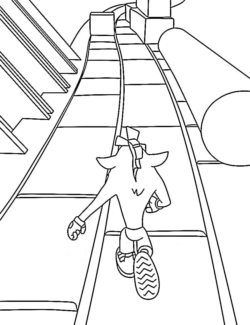 Malvorlage Crash Bandicoot läuft über eine Holzbrücke
