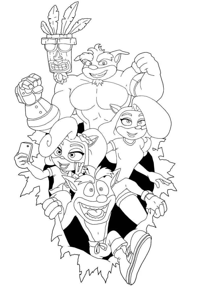 Malvorlage Crash Bandicoot und Freunde brechen durch eine Wand