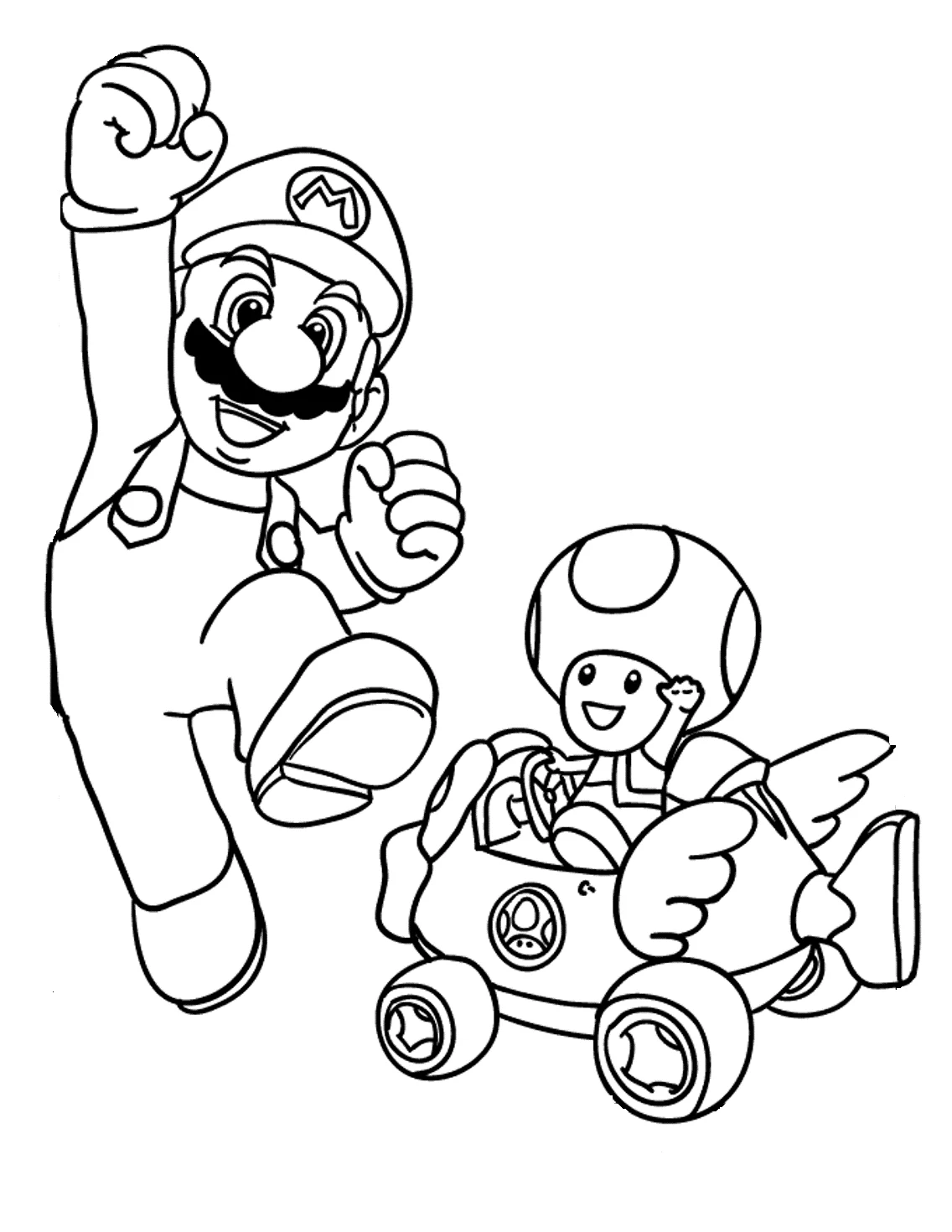 Malvorlage Kröte fährt einen Kart neben Mario