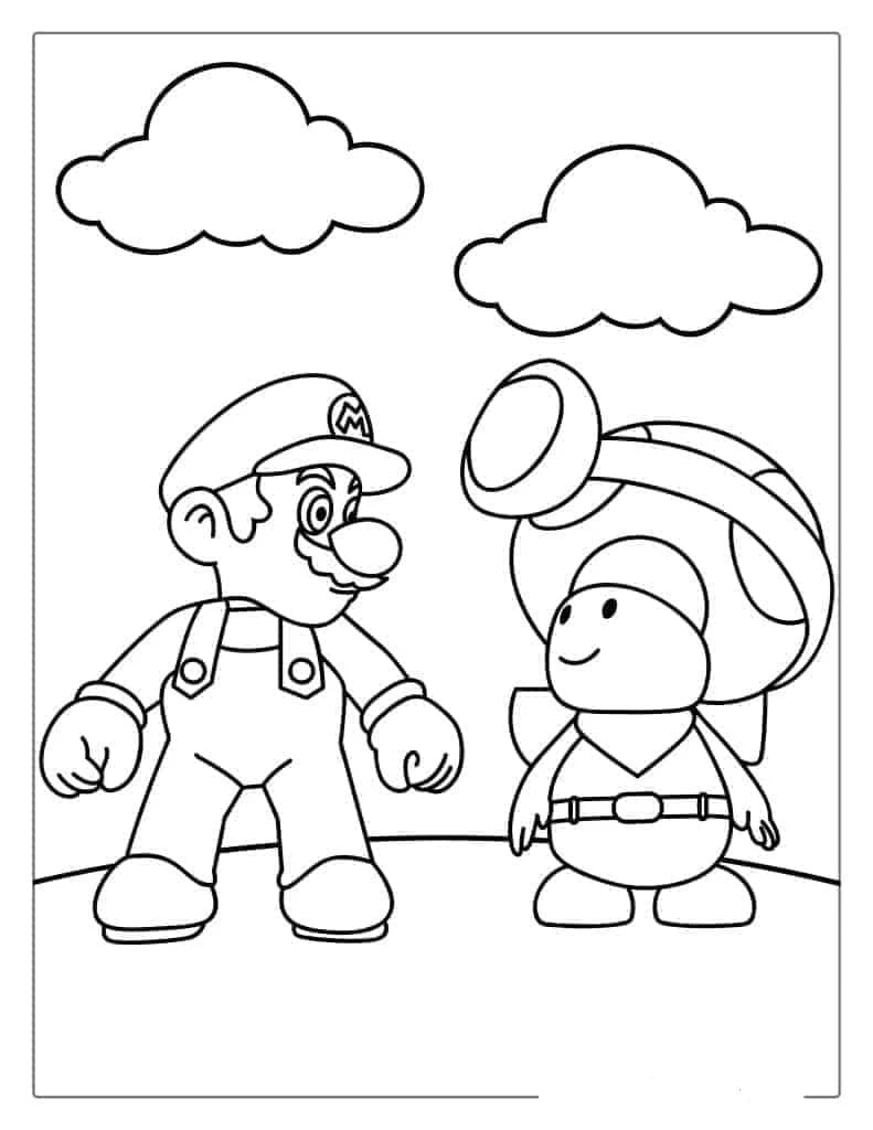 Malvorlage Toad steht neben Mario unter Wolken Malvorlage Toad steht neben Mario unter Wolken