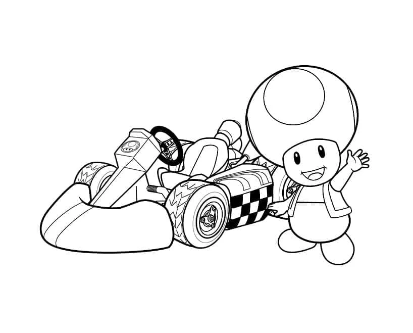 Malvorlage Toad winkt neben seinem Mario-Kart-Gokart Malvorlage Toad winkt neben seinem Mario-Kart-Gokart