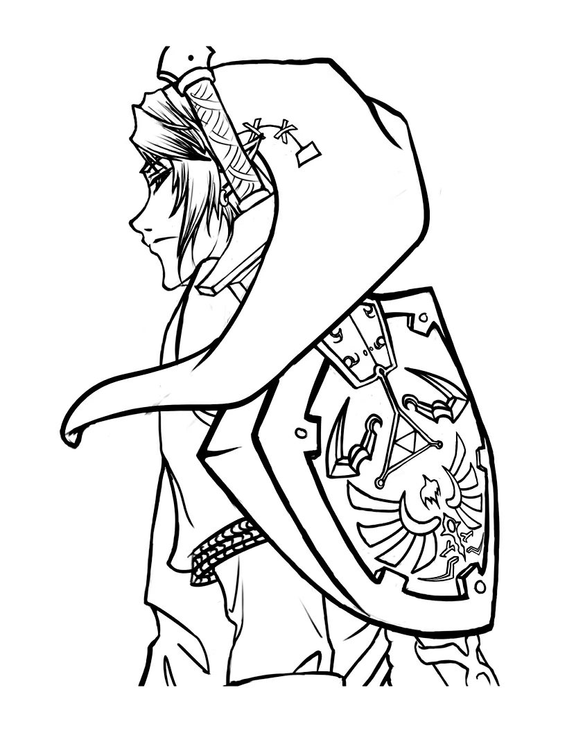 Malvorlage Link im Profil mit Kapuze und Hylia-Schild